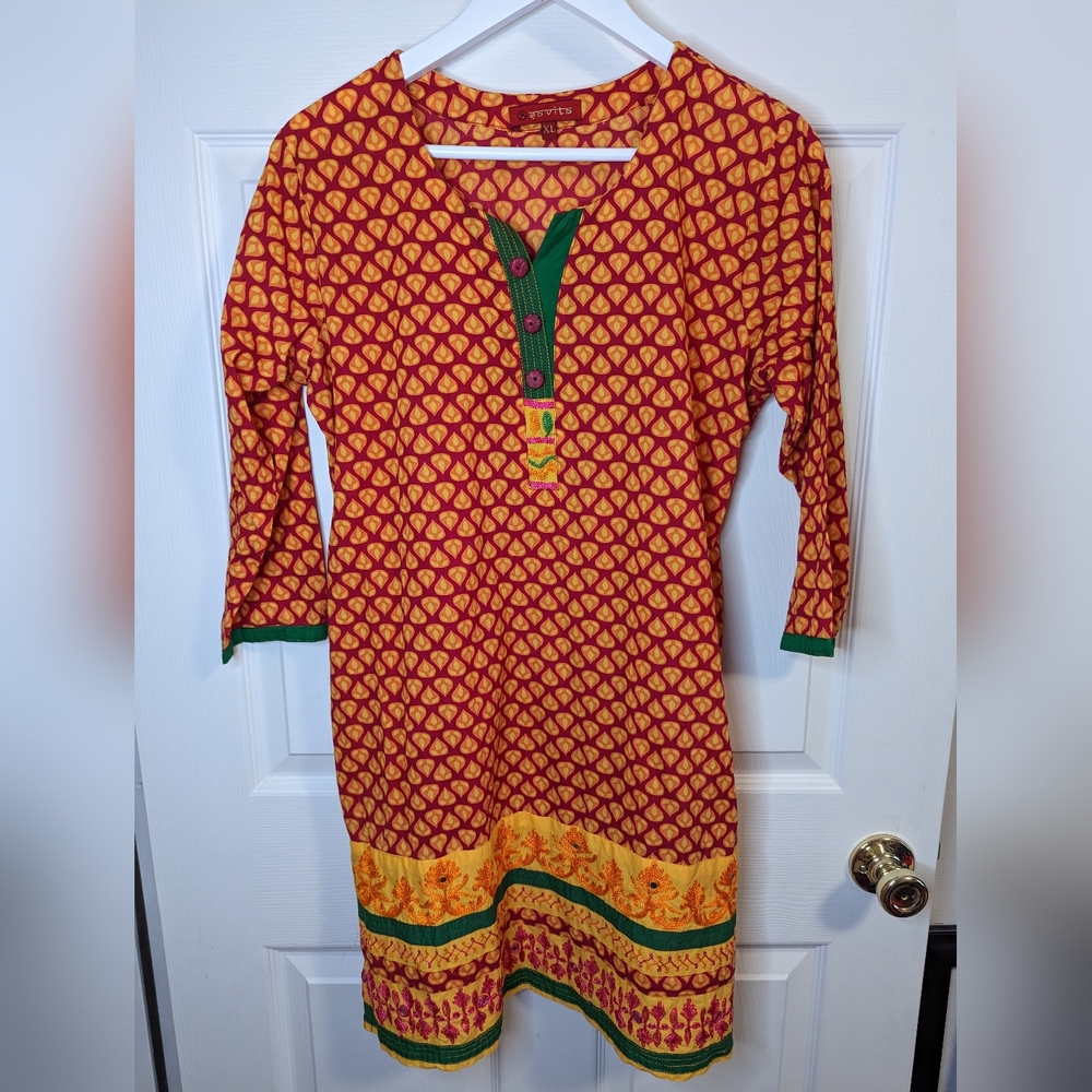 Savita Womens Kurta bright orange & red tunic with embroidery size XL